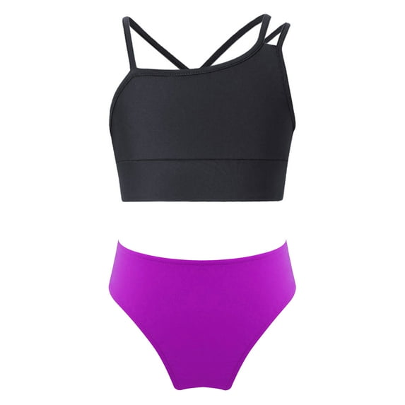 Kaerm Kids Girls Two Pieces Swimsuit Swimwear Camisole Crop Top and Printed Briefs Underwear Set Black&Purple 10