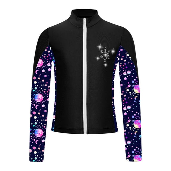 Kaerm Kids Girls Zipper Figure Ice Skating Top Athletic Sport Training Jacket Long Sleeve Sparkly Black 14