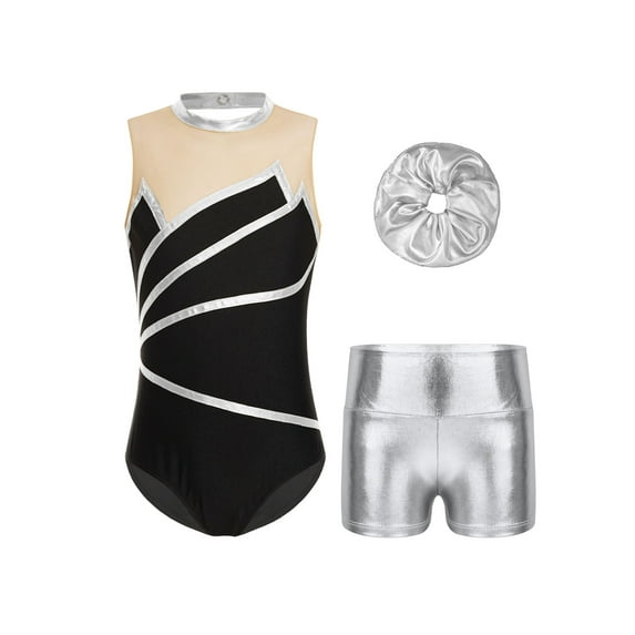 Kaerm Kids Gymnastics Outfit Ballet Dancewear Girls Ice Skating Leotard Unitard with Dance Shorts Silver 6
