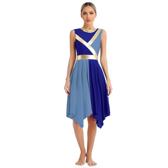 Kaerm Liturgical Dance For Women Color Block Praise Dance Dress Asymmetrical Worship Church Dresses Blue&Light Blue L