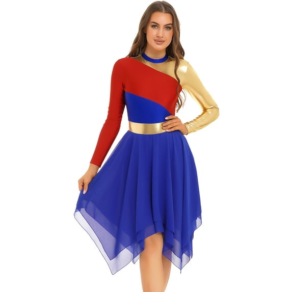 Kaerm Liturgical Praise Dance Workship for Women Metallic Color Block Lyrical Dance Dress Dancewear Royal Blue M