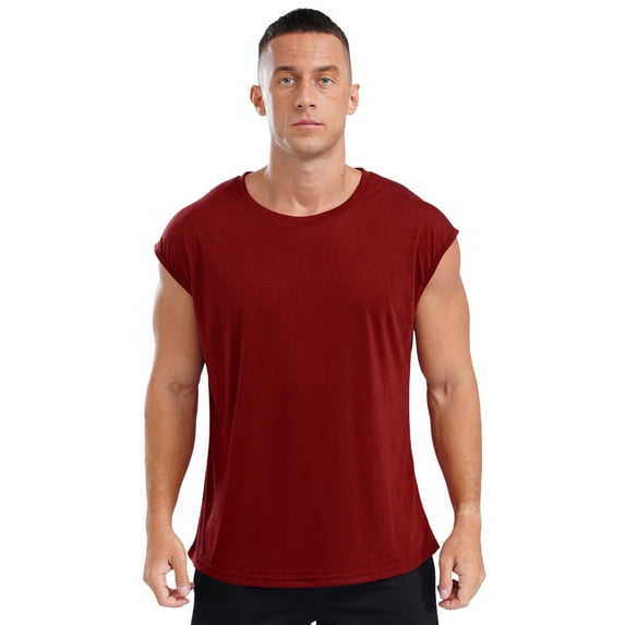 Kaerm Men Fashion Sleeveless T-shirts Basic Slim Fit Tank Top Solid Color Soft Sport Vest Burgundy 4XL