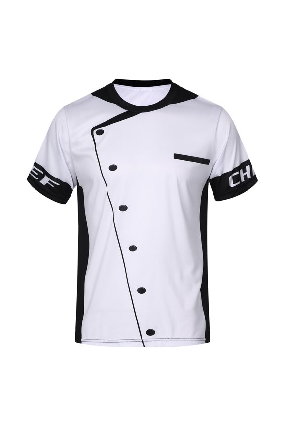 Men Print Chef Coat Short Sleeve Chef T-shirt Crew Neck Chef Shirt Kitchen Canteen Cooking White&Black XL
