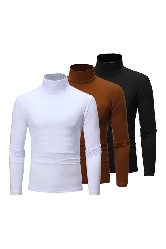 Men's 3 Pcs Basic Turtleneck Long Sleeve Casual Fit Tops Fall Winter Pullover Black&Coffee&White L