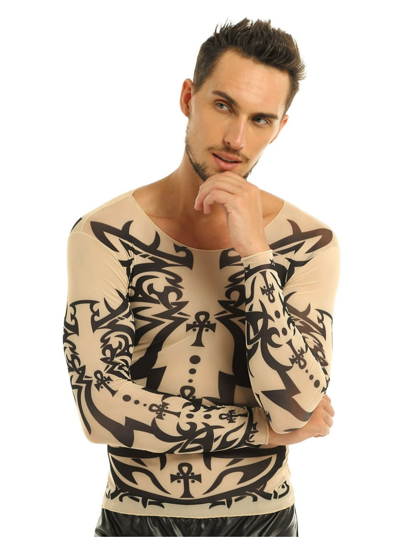 Kaerm Men's Fake Tattoo Tribal Inspired Print Elastic Long Sleeve