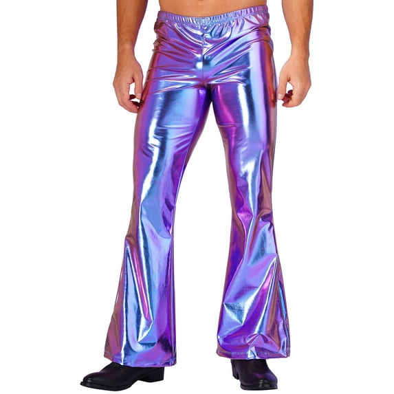 Kaerm Men's Shiny Metallic 70s Vintage Disco Party Long Pants Bell Bottom Flared Trousers Colorful XL