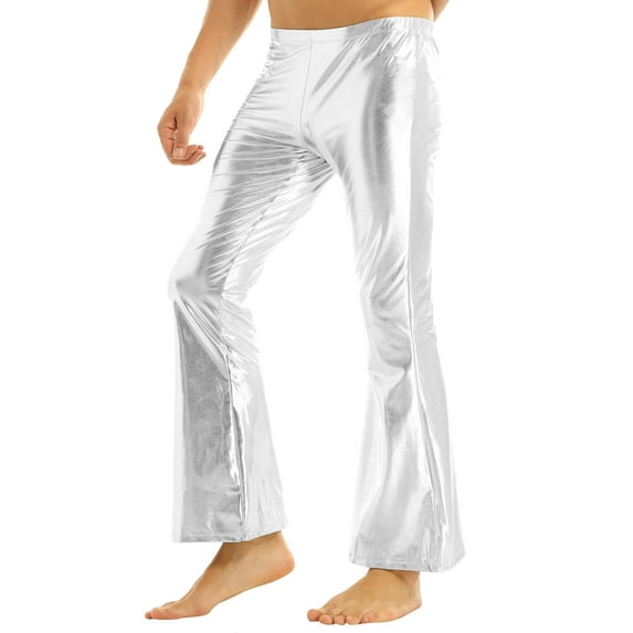 Kaerm Men's Shiny Metallic 70s Vintage Disco Party Long Pants Bell Bottom Flared Trousers Silver M