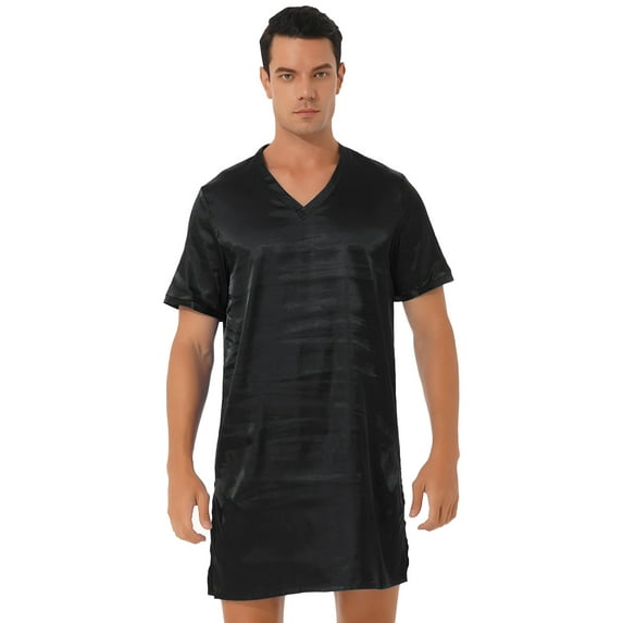Kaerm Men's Silk Satin Nightshirt Nightgown Short Sleeve V-neck Casual Loungewear Top Shirt Sleepwear Black XL