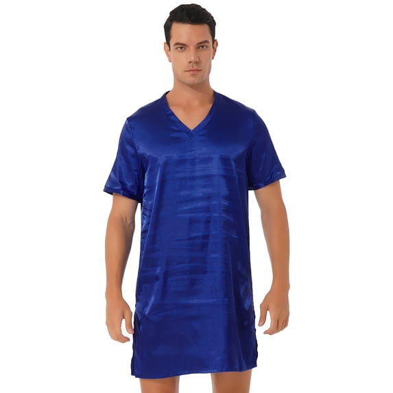Kaerm Men's Silk Satin Nightshirt Nightgown Short Sleeve V-neck Casual Loungewear Top Shirt Sleepwear Royal Blue 4XL