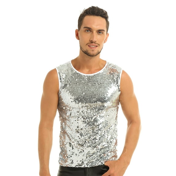 Kaerm Men's Summer Sequin Slim Fitted Show Sleeveless Vest Tank Top T-shirts Clubwear White L
