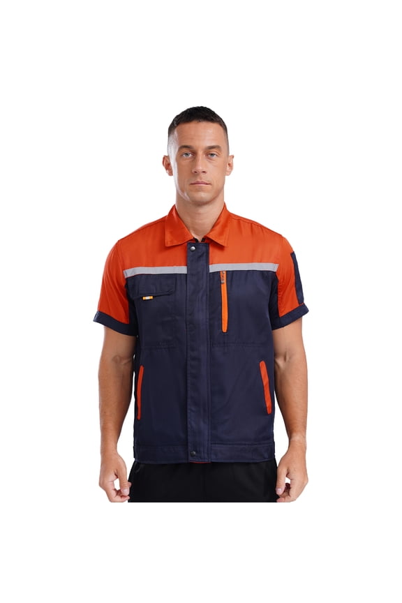 Mens Long Sleeve Reflective Stripes Work Jacket Work Shirt Mechanic Uniform Zipper Factory Orange&Navy Blue 165/M