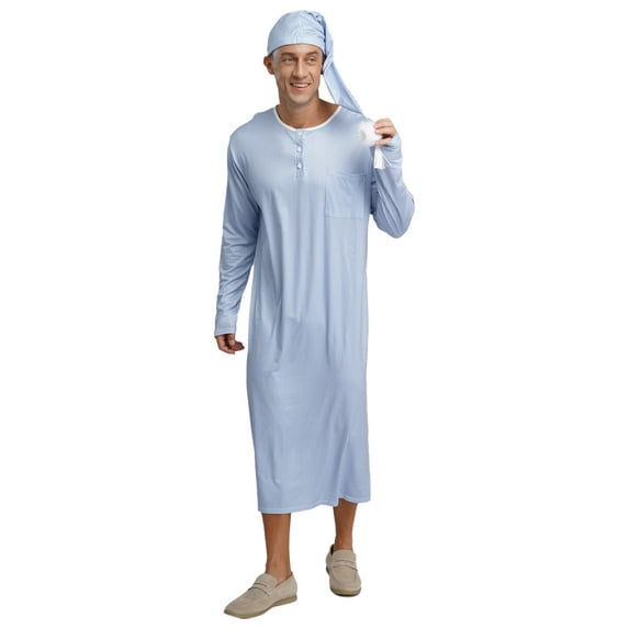 Kaerm Mens Nightwear Striped Sleep Robe with Hat Long Sleeve Long Robe Arabian Muslim Pajamas Set Type A M