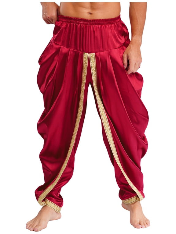 Mens Satin Harem Pants Lightweight Loose Elastic Waistband Yoga Baggy Trousers Burgundy L