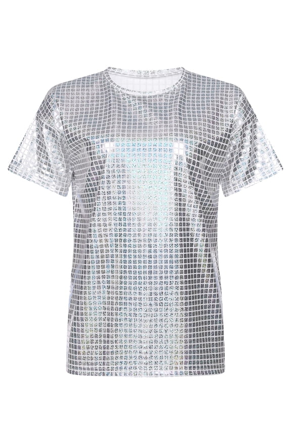 Sequined Round Neck T-Shirt for Womens Short Sleeve Sparkly Disco Party Dance Top Tunic Blouse Silver 170