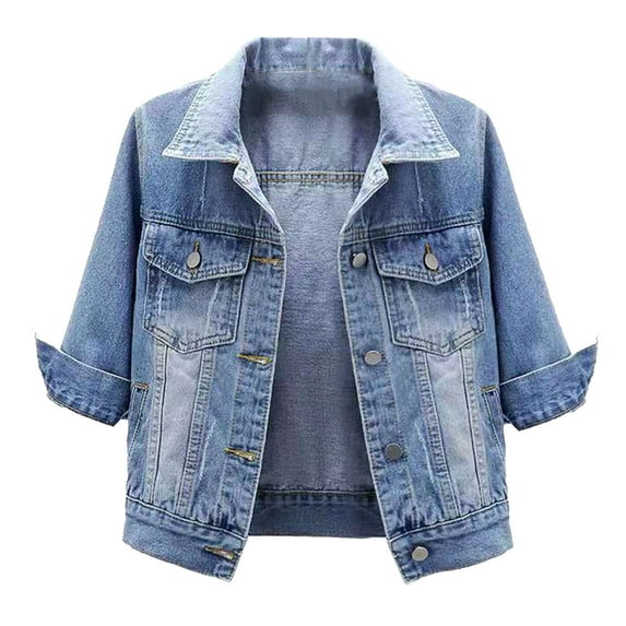 Kaerm Short Denim Jacket Shirt for Women 3/4 Sleeve Classic Wash Jean Trucker Jackets Cropped Coats Light Blue L