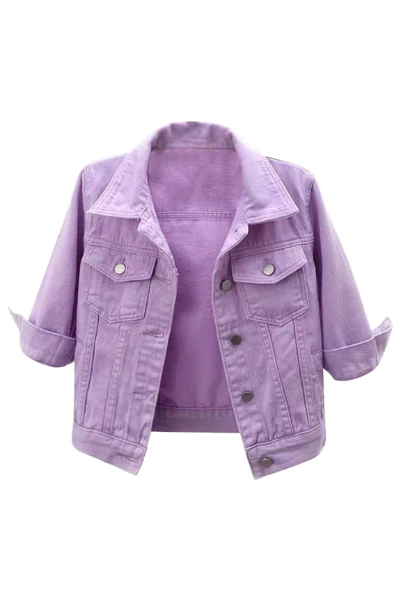 Short Denim Jacket Shirt for Women 3/4 Sleeve Classic Wash Jean Trucker Jackets Cropped Coats Purple M