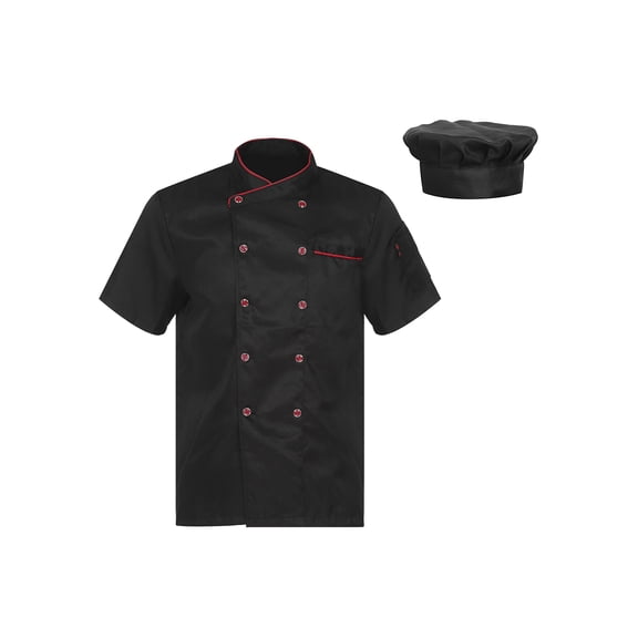 Kaerm Short/Long Sleeve Chef Coat for Men Women Double-Breasted Chef Jacket Cook Shirt Workwear Black Short Sleeve XL