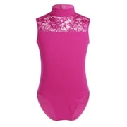 Kaerm Tank Leotards for Girls Turtle Neck Lace Cutout Ballet Dance Gymnastics Athletic Bodysuit Rose Red 13-14