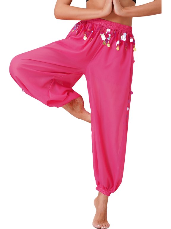 Tribal Belly Dance Pants for Women Baggy Arabic Harem Pants Halloween Party Performance Dancewear Hot Pink One Size