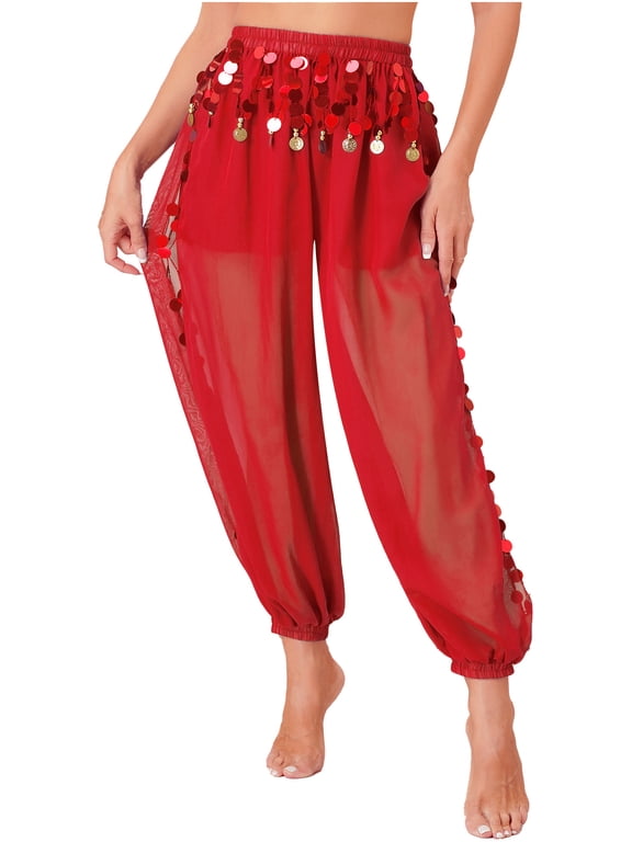 Tribal Belly Dance Pants for Women Baggy Arabic Harem Pants Halloween Party Performance Dancewear Red One Size