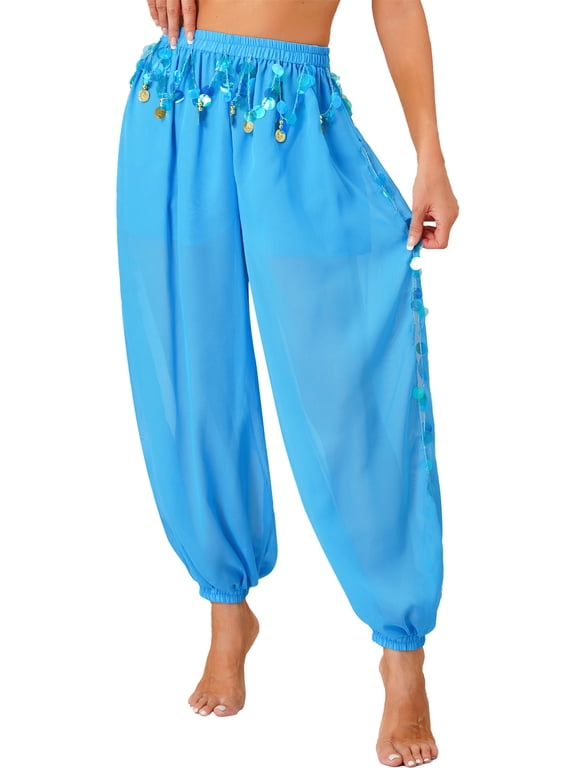Tribal Belly Dance Pants for Women Baggy Arabic Harem Pants Halloween Party Performance Dancewear Sky Blue One Size