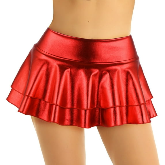 Kaerm Woman Metallic Wet look Liquid Nightclub Role Play Skater Skirt Pleated Ruffled Mini Skirt Red XL