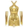 thumbnail image 1 of Kaerm Women 2Pcs Glittery Latin Dance Outfit Cross Front Tassel Leotard with Metallic Gloves Gold S, 1 of 7