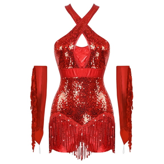 Kaerm Women 2Pcs Glittery Latin Dance Outfit Cross Front Tassel Leotard with Metallic Gloves Red L