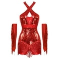 thumbnail image 1 of Kaerm Women 2Pcs Glittery Latin Dance Outfit Cross Front Tassel Leotard with Metallic Gloves Red S, 1 of 7