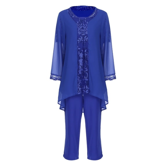 Kaerm Women 3-Piece Chiffon Pant Suits Plus Size Mother of The Bride Dress Suit Wedding Guest Outfits Blue XXL/2XL