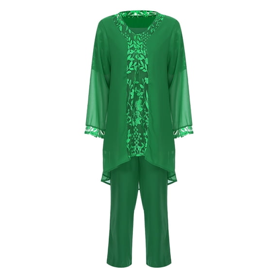 Kaerm Women 3-Piece Chiffon Pant Suits Plus Size Mother of The Bride Dress Suit Wedding Guest Outfits Green XL/1XL