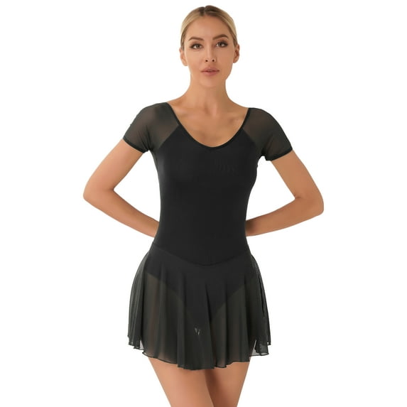 Kaerm Women Ballet Dance Skirted Leotard Dress Gymnastics Bodysuits Ballerina Training Outfit Black XL