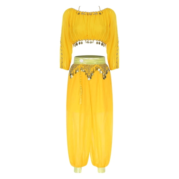 Kaerm Women Belly Dance Outfit Belly Dancing Top with Harm Pants Yellow One Size