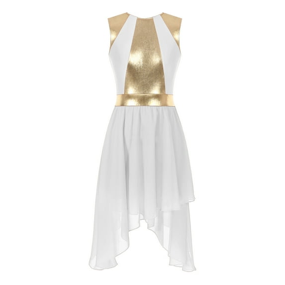 Kaerm Women Color Block Petchwork Sleeveless Irregular Hem Dress Lyrical Dance Performance Dress White XXL