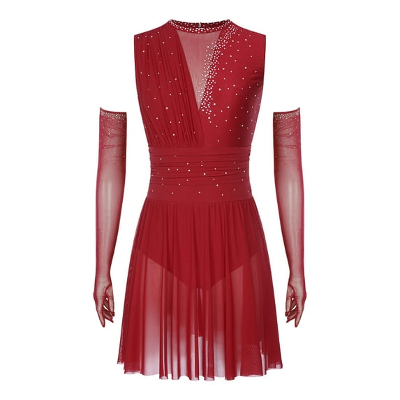 Kaerm Women Figure Skating Dress Shiny Rhinestones Ice Skating Leotard Dress with Long Gloves Burgundy XL