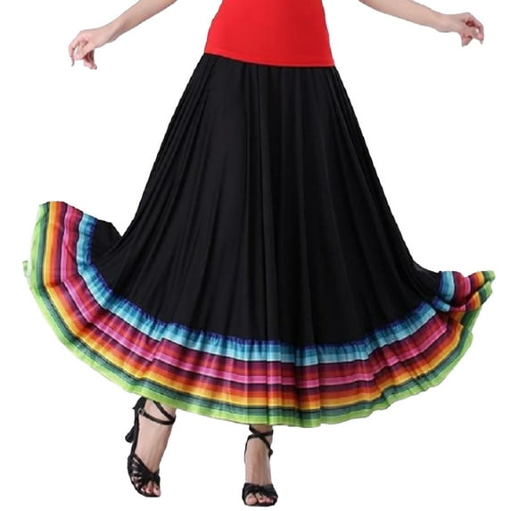 Kaerm Women Folklorico Dance Skirts Spanish Swing Skirt Mexican Flamenco Folk Dance Performance Black 87cm 3XL