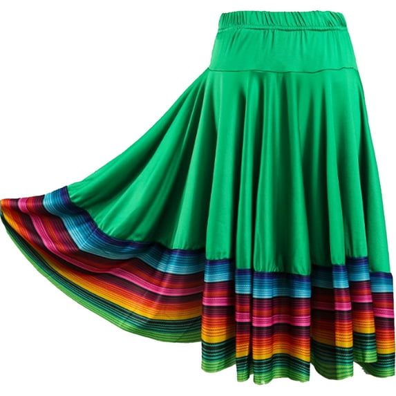 Kaerm Women Folklorico Dance Skirts Spanish Swing Skirt Mexican Flamenco Folk Dance Performance Green 55cm L