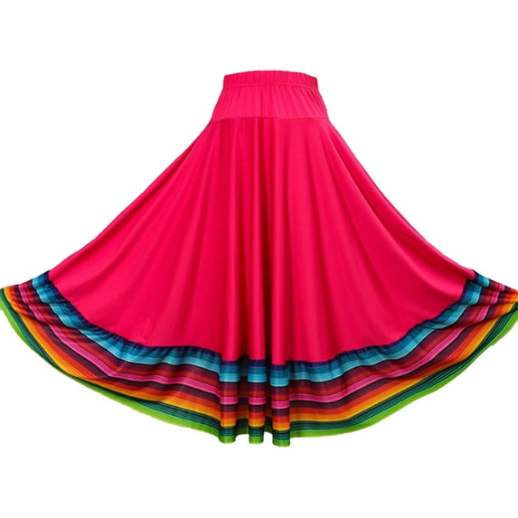 Kaerm Women Folklorico Dance Skirts Spanish Swing Skirt Mexican Flamenco Folk Dance Performance Hot Pink 75cm XL