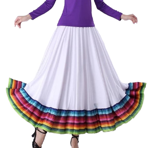 Kaerm Women Folklorico Dance Skirts Spanish Swing Skirt Mexican Flamenco Folk Dance Performance White 87cm XL