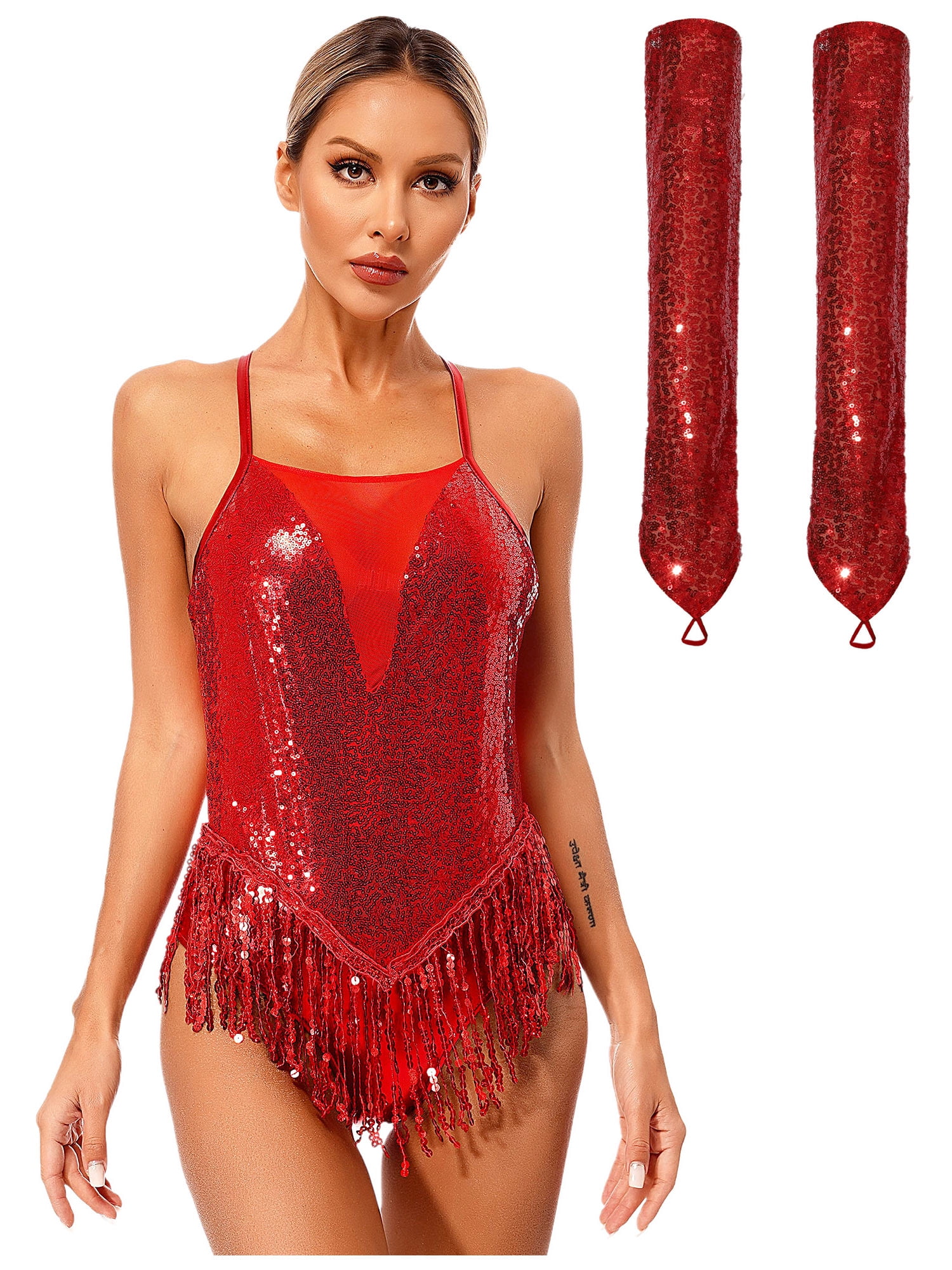 Latin Jazz Performance Wear Women's Sequins Tassel Dance Leotard - Sleeveless Latin Jazz Hip Hop Performance Costume With Fringe Tassel Fringe Leotard - Foto 9