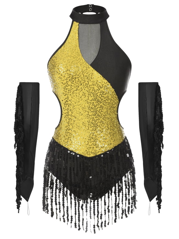 Women Latin Cha-Cha Dance Dress Sparkling Sequin Fringed Bodysuit with Metallic Gloves Gold XXL