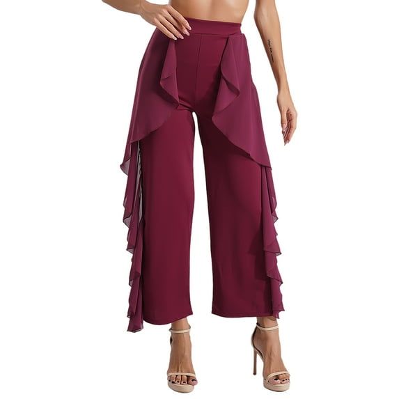 Kaerm Women Latin Dance Pants Ruffled Drape Wide-Leg Pants Ballroom Pants Dancing Practice Burgundy XXL
