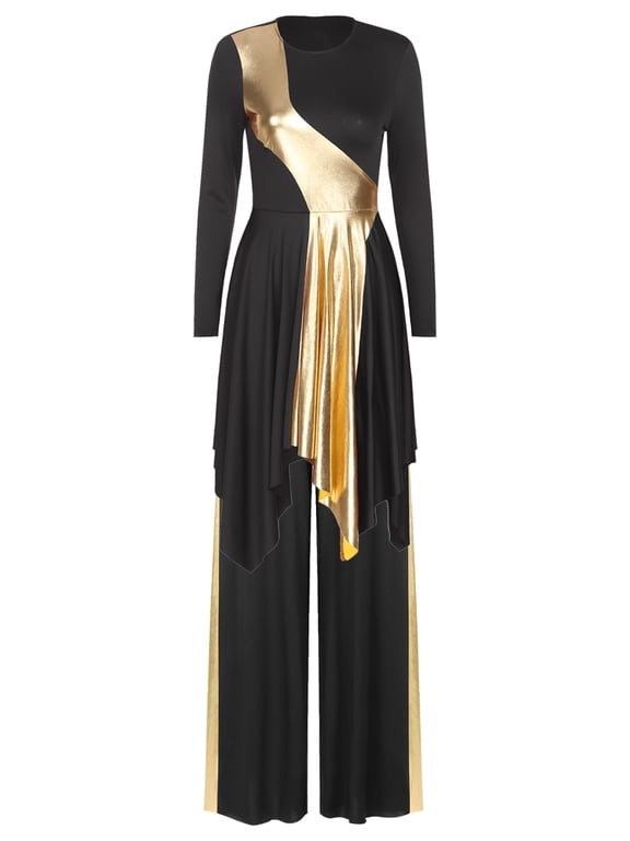 Women Liturgical Praise Dance Outfit Metallic Gold Color Block Praise Dance Tunic with Pants Black XXL