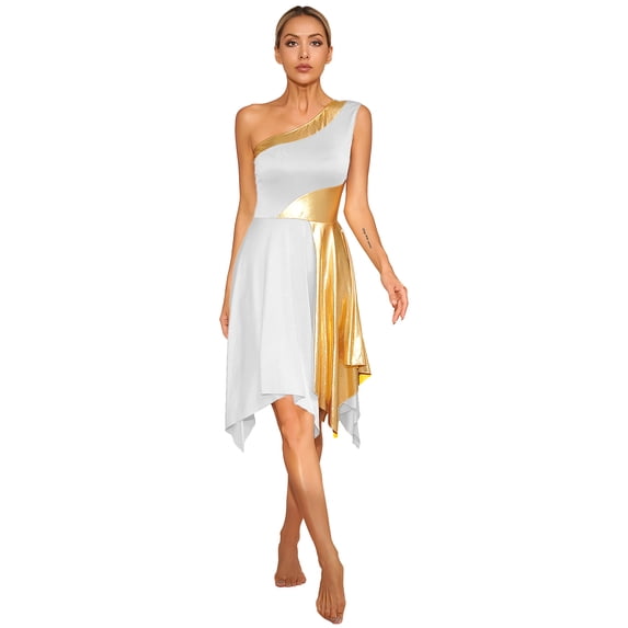 Kaerm Women Metallic Praise Dance Dress Color Block One Shoulder Liturgical Worship Dance Dress White M