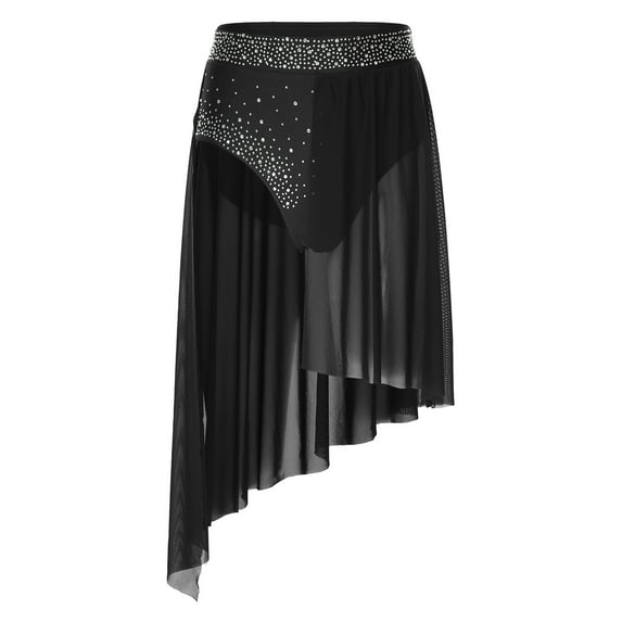 Kaerm Women Rhinestone Lyrical Dance Skirt Split Irregular Hem Skirt Figure Ice Skating Dancewear Black M