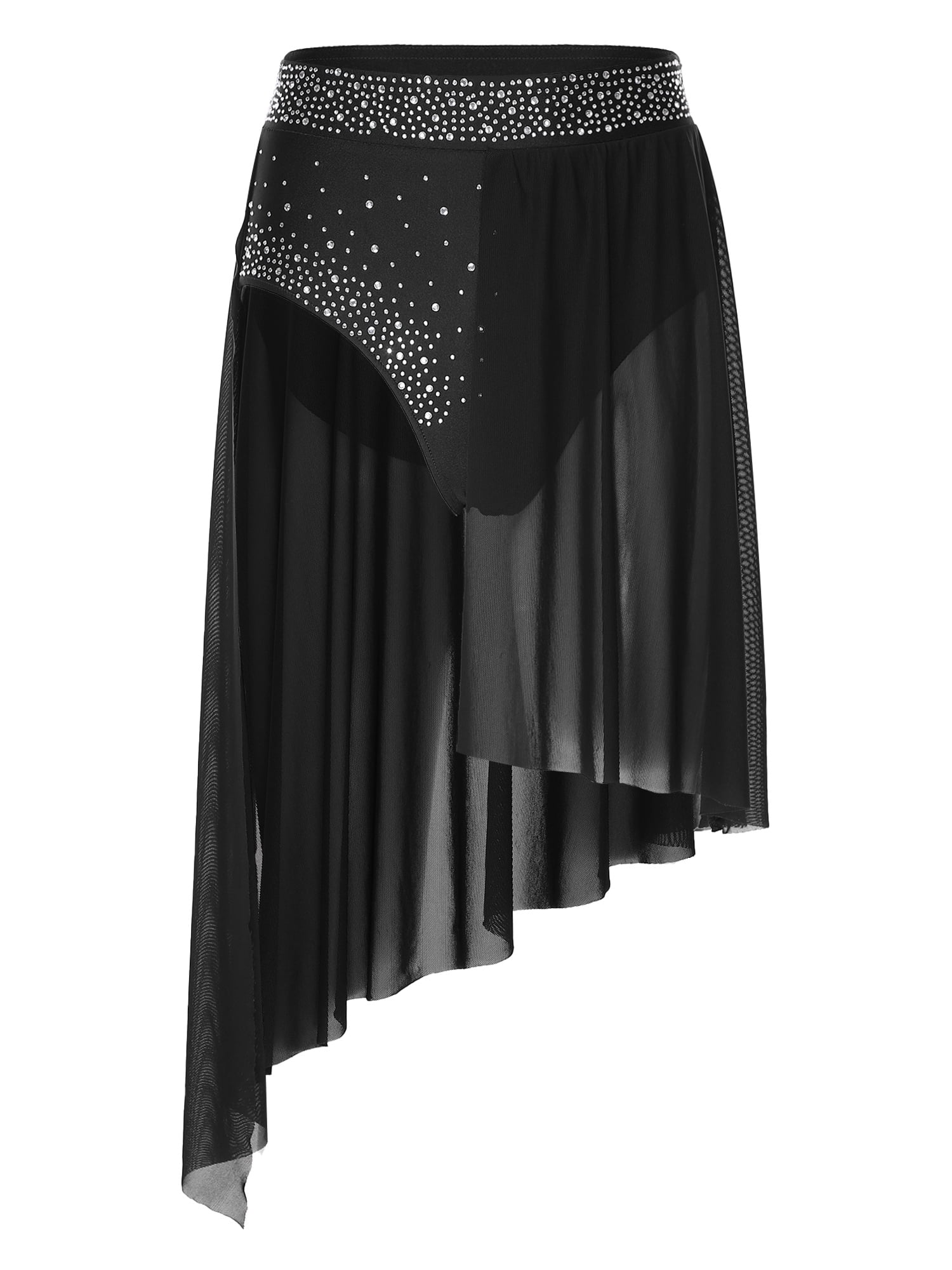 Kaerm Women Rhinestone Lyrical Dance Skirt Split Irregular Hem Skirt ...