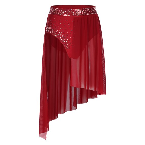 Kaerm Women Rhinestone Lyrical Dance Skirt Split Irregular Hem Skirt Figure Ice Skating Dancewear Burgundy XL