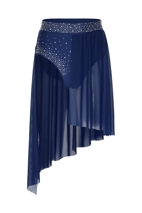 Women Rhinestone Lyrical Dance Skirt Split Irregular Hem Skirt Figure Ice Skating Dancewear Navy Blue M