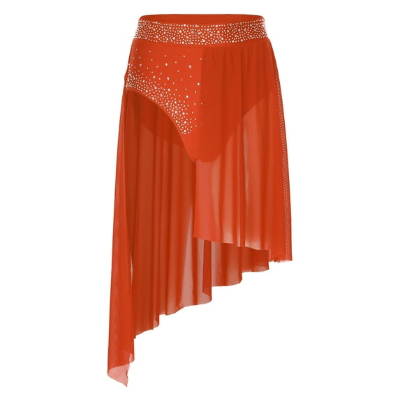 Kaerm Women Rhinestone Lyrical Dance Skirt Split Irregular Hem Skirt Figure Ice Skating Dancewear Orange S