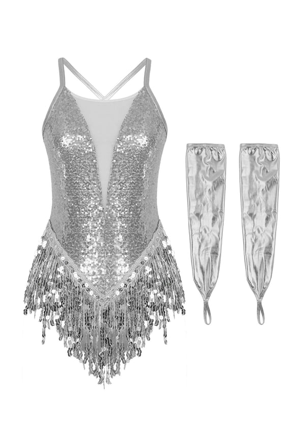 Women Sequin Latin Dance Dress With Gloves Jazz Tango Salsa Rumba Ballroom Dance Outfits Silver XXL